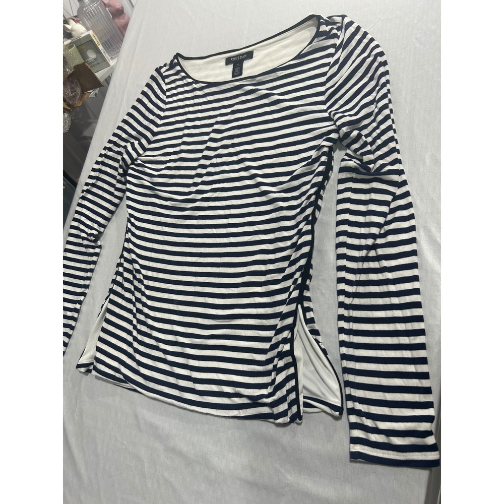 White House Black Market Striped Long Sleeve Boat Neck Top Navy White Size M